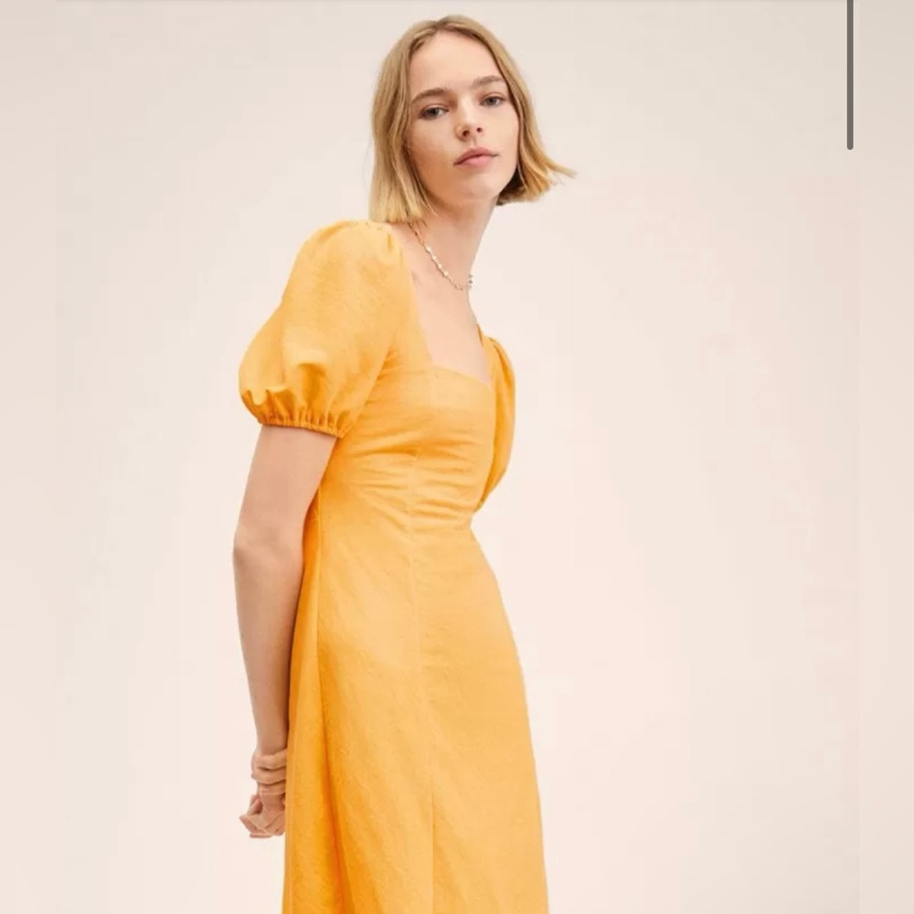 💖5 for $50💖MNG MANGO Yellow Solid A-Line Puff Sleeve Mini Dress - Picture 5 of 12